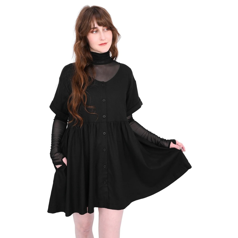 Foxblood Riey Babydoll Dress Black Linen Blend Button Front Tunic Top Pockets 3X
